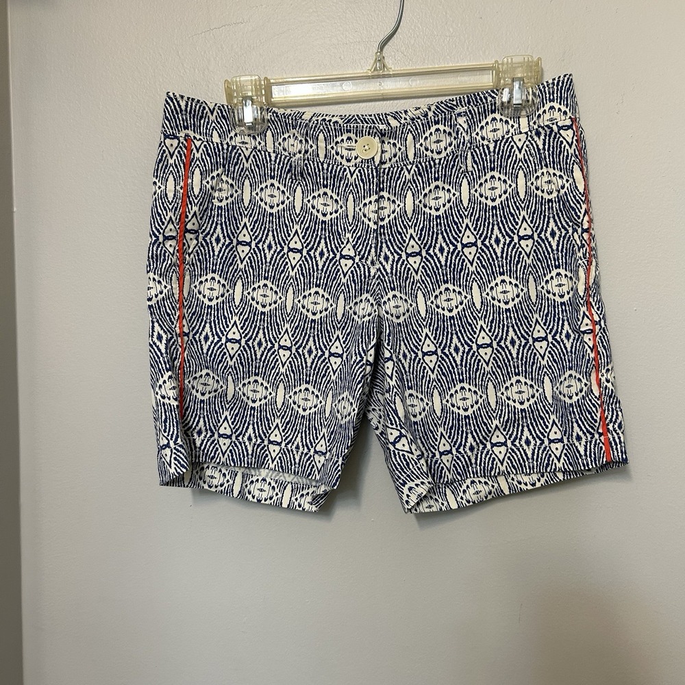 CAbi Blue White Red Geometric Chino Shorts Button Closure Pockets Flat Front 2